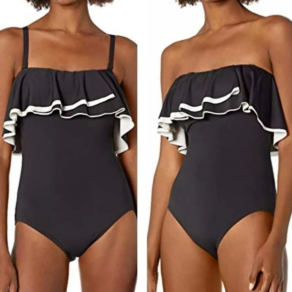 Coco Reef Other - Contours by Coco Reef Women's Agate Ruffle Bandeau One Piece Black Swimsuit
